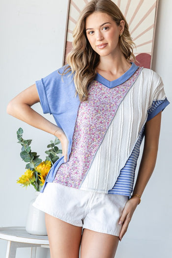 7th Ray Mixed Patchwork Top in Denim Blue