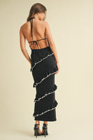 Klesis Sweater Knit Halter Midi Dress with Diagonal Frill Ruffles in Black/Off White