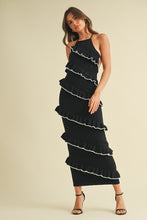 Load image into Gallery viewer, Klesis Sweater Knit Halter Midi Dress with Diagonal Frill Ruffles in Black/Off White
