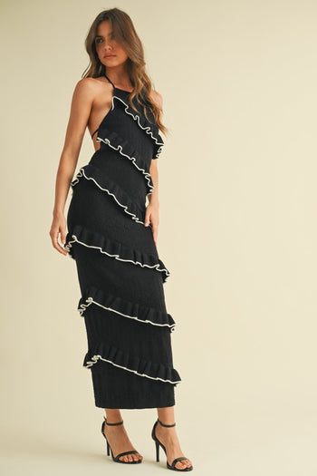 Black Sweater Halter Midi Dress With White Diagonal Frills L Black Sweater Halter Midi Dress With White Diagonal Frills L