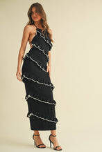 Load image into Gallery viewer, Klesis Sweater Knit Halter Midi Dress with Diagonal Frill Ruffles in Black/Off White

