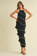 Klesis Sweater Knit Halter Midi Dress with Diagonal Frill Ruffles in Black/Off White