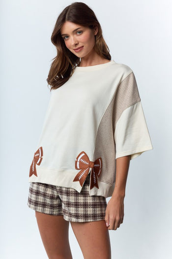 RARERAW Solid and Stripe Top with Embroidered Football Bow Patches in Ivory