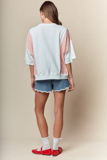 RARERAW Solid and Stripe Top with Embroidered Baseball Bow Patches in Ivory/Red