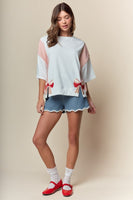 RARERAW Solid and Stripe Top with Embroidered Baseball Bow Patches in Ivory/Red