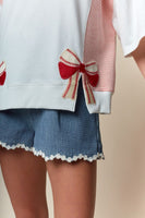 RARERAW Solid and Stripe Top with Embroidered Baseball Bow Patches in Ivory/Red
