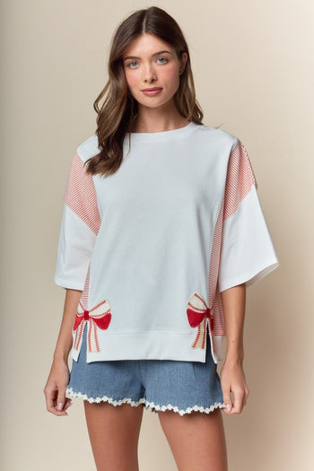 RARERAW Solid and Stripe Top with Embroidered Baseball Bow Patches in Ivory/Red