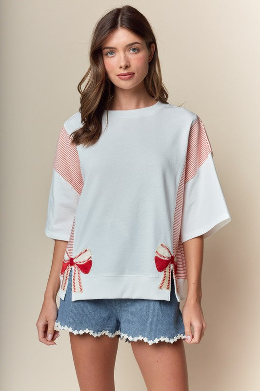 RARERAW Solid and Stripe Top with Embroidered Baseball Bow Patches in Ivory/Red