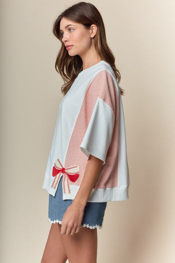 RARERAW Solid and Stripe Top with Embroidered Baseball Bow Patches in Ivory/Red