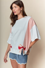 Load image into Gallery viewer, RARERAW Solid and Stripe Top with Embroidered Baseball Bow Patches in Ivory/Red
