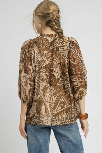 Umgee Mixed Abstract Print Top in Brown Mix