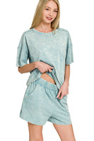 Acid Washed Solid Color Top and Short Set in Blue Grey