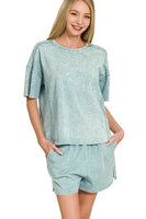 Acid Washed Solid Color Top and Short Set in Blue Grey