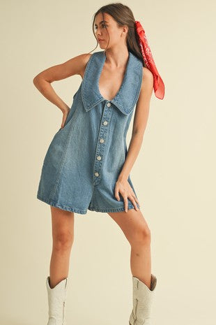 Klesis OVERESIZED Collared Romper in Denim