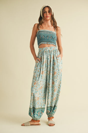 Klesis Smocked Cropped Top and Jogger Set in Mint Combo