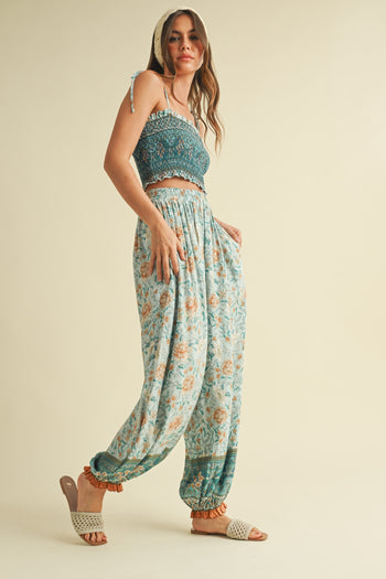 Klesis Smocked Cropped Top and Jogger Set in Mint Combo