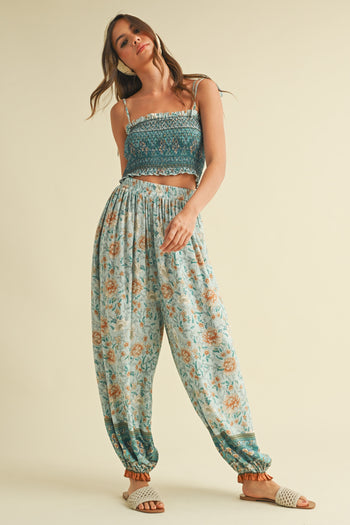 Klesis Smocked Cropped Top and Jogger Set in Mint Combo