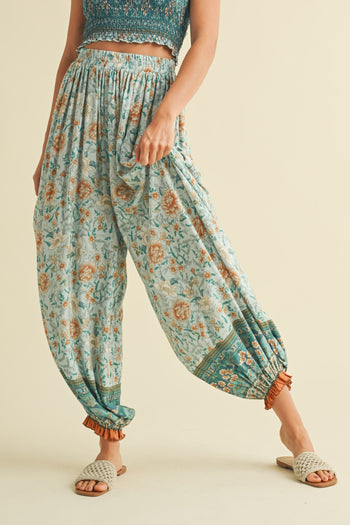 Klesis Smocked Cropped Top and Jogger Set in Mint Combo