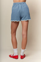 RARERAW Striped Textured Daisy Trim Shorts in Denim