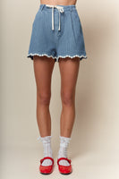 RARERAW Striped Textured Daisy Trim Shorts in Denim