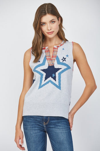FATE Sleeveless Star Knit Sweater in in Heather Grey
