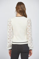 FATE Contrasting Color Cardigan with Lace Sleeves in Ivory