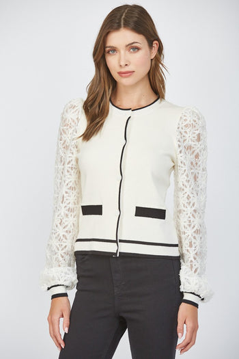 FATE Contrasting Color Cardigan with Lace Sleeves in Ivory