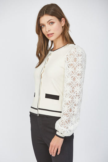 FATE Contrasting Color Cardigan with Lace Sleeves in Ivory