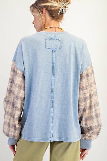 Easel Mineral Washed Flower Patch Front Cotton Top in Peri Blue