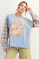 Easel Mineral Washed Flower Patch Front Cotton Top in Peri Blue