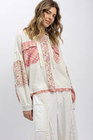 BlueVelvet Waffle Knit and Mixed Print Detailed Hooded Jacket in Cream-Pink