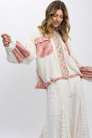 BlueVelvet Waffle Knit and Mixed Print Detailed Hooded Jacket in Cream-Pink