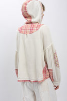 BlueVelvet Waffle Knit and Mixed Print Detailed Hooded Jacket in Cream-Pink