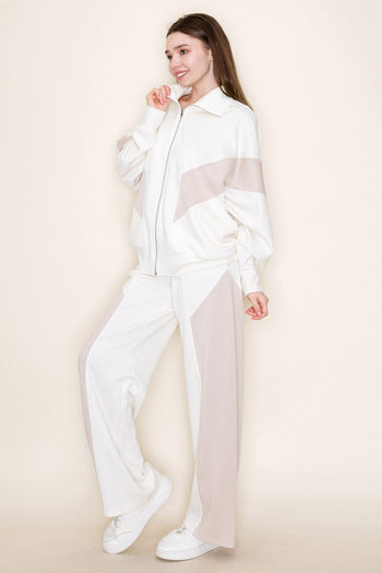 White Birch High Waisted Color Block Scuba Pants in Ivory