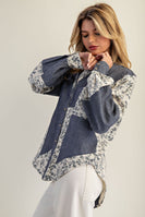 ee:some Color Block Striped Denim and Floral Top in Denim Blossom