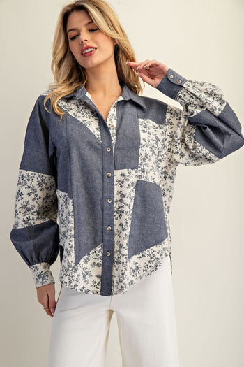 ee:some Color Block Striped Denim and Floral Top in Denim Blossom