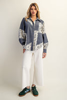 ee:some Color Block Striped Denim and Floral Top in Denim Blossom