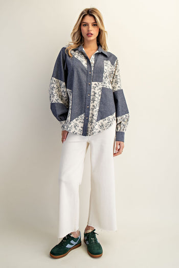 ee:some Color Block Striped Denim and Floral Top in Denim Blossom