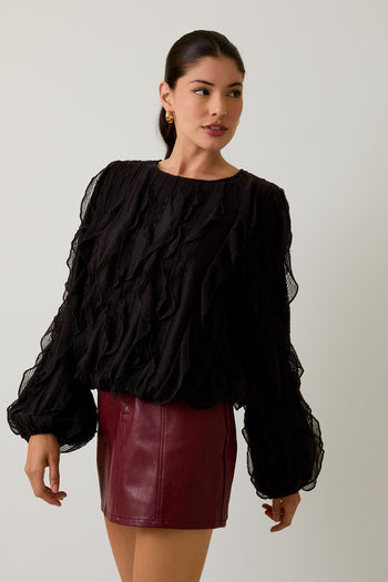 Sunday Edition Solid Color Textured Ruffle Top in Black