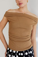 Sunday Edition Wide Neck Off The Shoulder Top in Tan