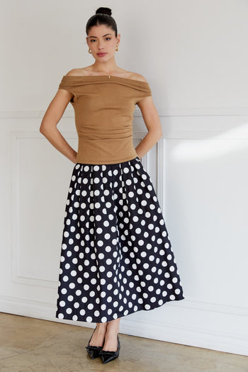 Sunday Edition Wide Neck Off The Shoulder Top in Tan