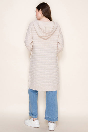 White Birch Long Open Front Cardigan with Hood in Oatmeal
