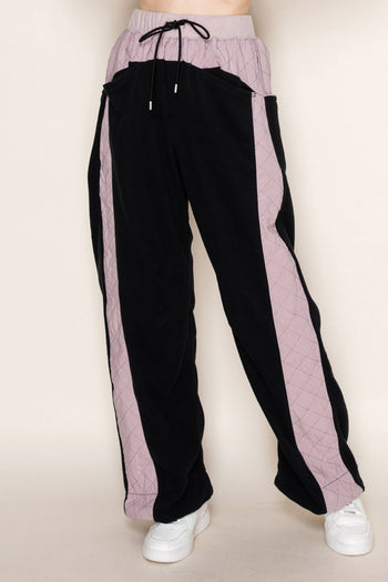 White Birch Contrasting Fleece and Quilted Knit Pants in Black