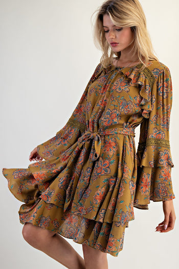 Easel Exclusive Floral Print Mini Dress in Martini Olive