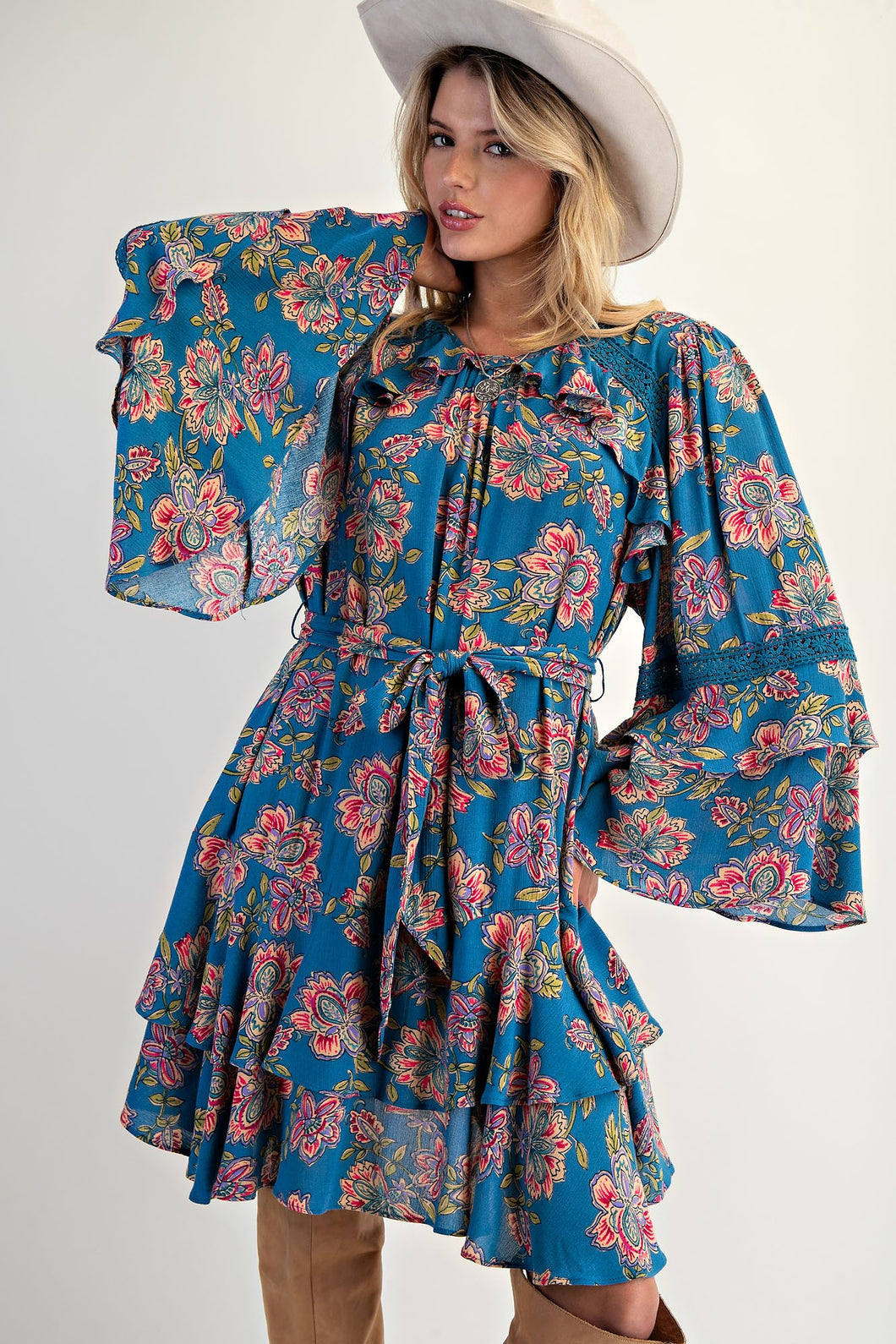 Easel Exclusive Floral Print Mini Dress in Teal – June Adel