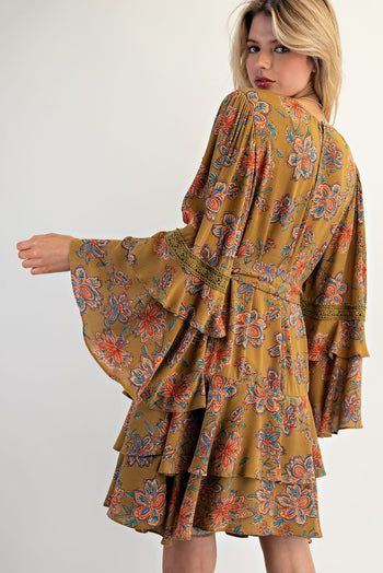 Easel Exclusive Floral Print Mini Dress in Martini Olive