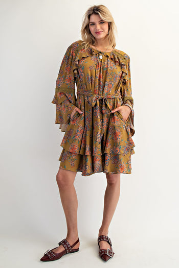 Easel Exclusive Floral Print Mini Dress in Martini Olive