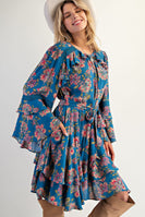 Easel Exclusive Floral Print Mini Dress in Teal