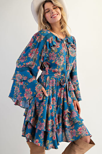 Easel Exclusive Floral Print Mini Dress in Teal