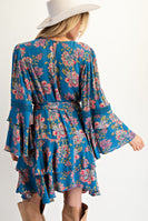 Easel Exclusive Floral Print Mini Dress in Teal